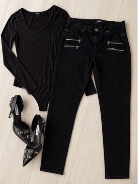 PAIGE Edgemont Black Zip Pocket Skinny Jeans Sz 30 Moto Luxe Stretch Denim